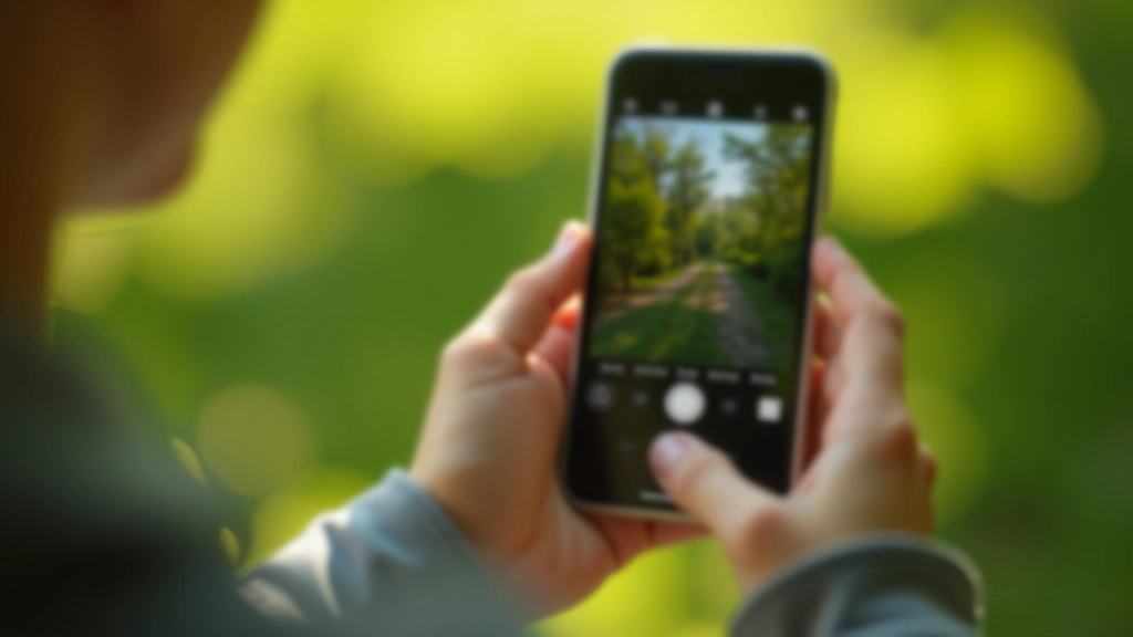 Senjoro rankos su išmaniuoju telefonu, kurio ekrane matyti fotografijos nustatymai meniu, nustatytos virš medžio lapo