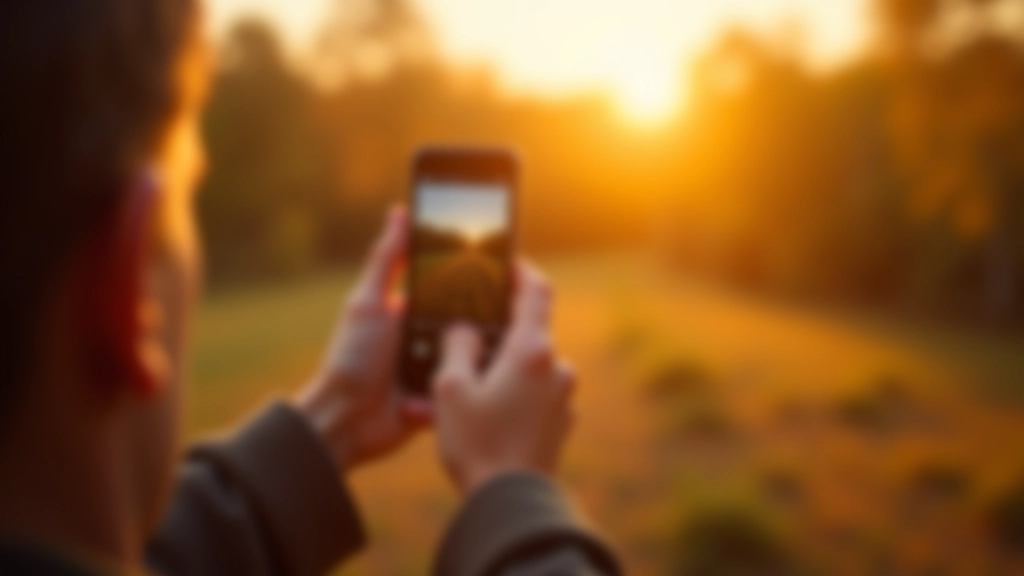 Fotografo rankos su išmaniuoju telefonu, fotografavimo maršrute gamtoje, rudeninis peizažas per telefoną, pažintis su fotografija