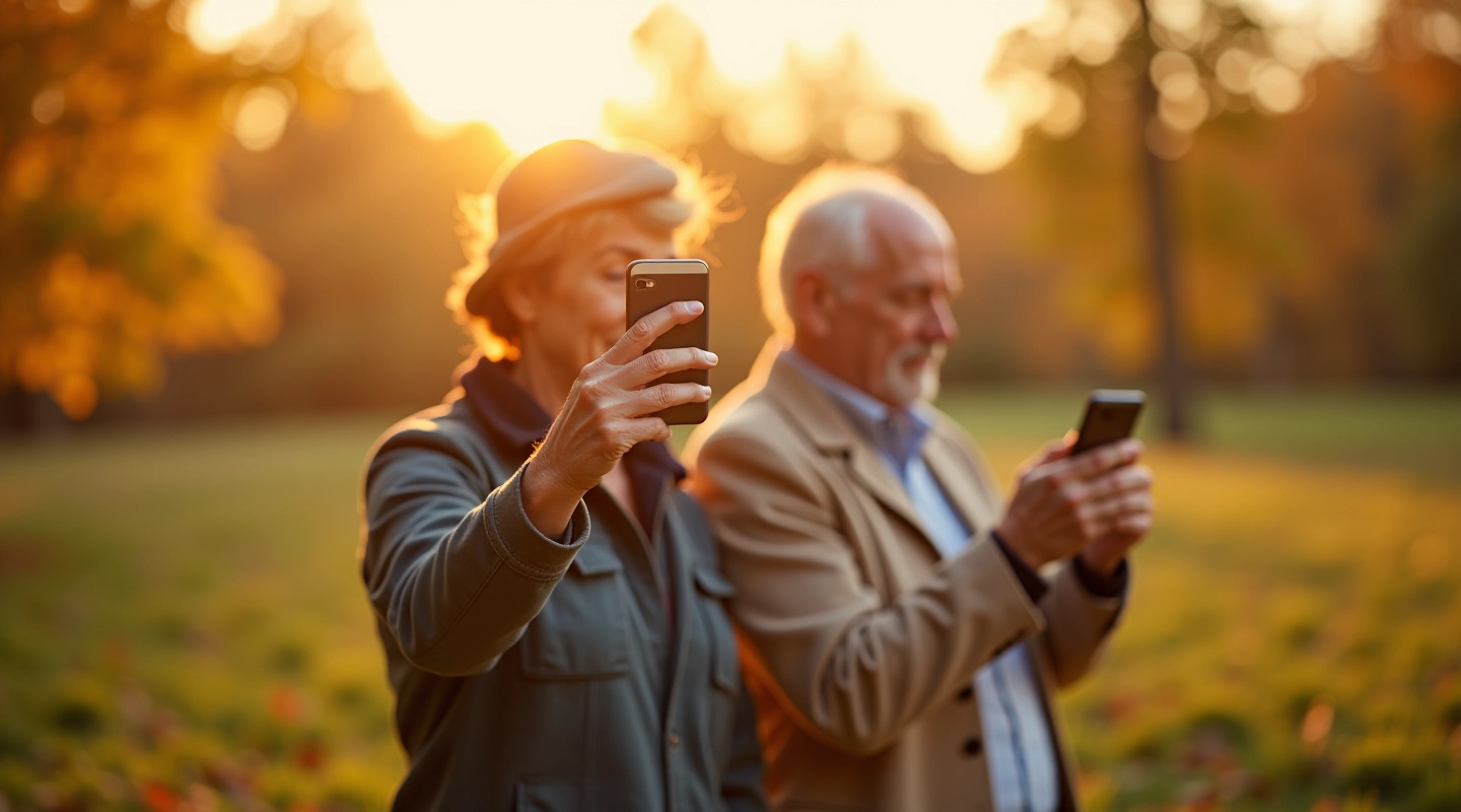 Dvi pagyvenusios asmenys gamtoje fotografuoja peizažą su išmanieji telefonai
