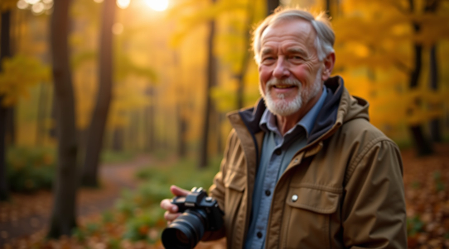 Senjoras fotografuoja rudens peizažą prie miško, saulės šviesa apšviečia spalvingus medžius