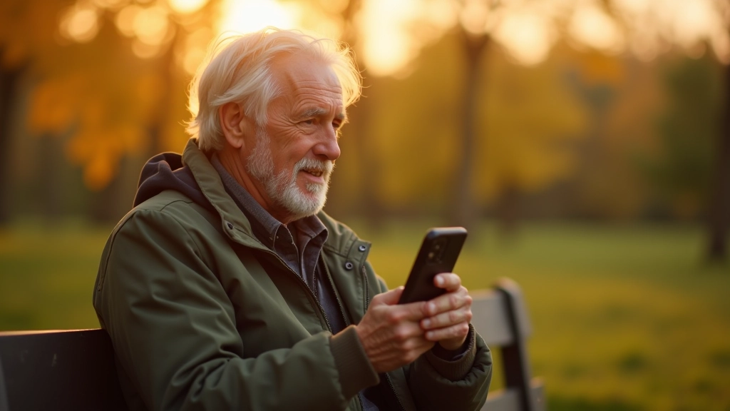 Senjoras sėdimas ant lauko suoliuko, fotografuojantis peizažą per telefoną, pavasario medžiai fone