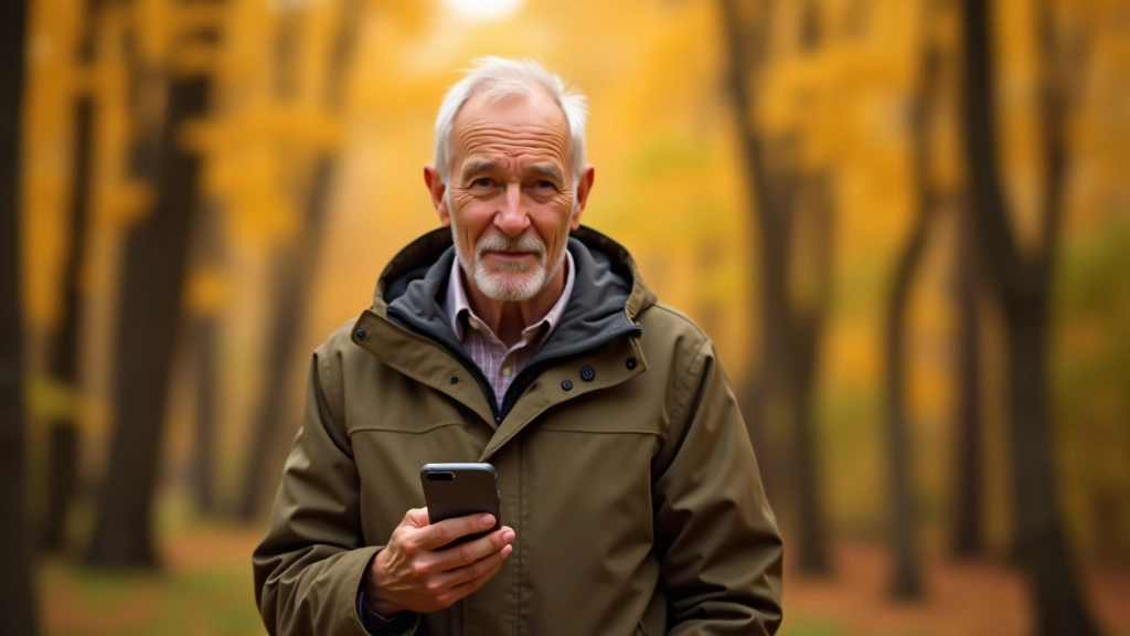 Senjoras prie mišto ribos su telefonu, nuotraukuoja geltonų lapų medį, rudens spalvos