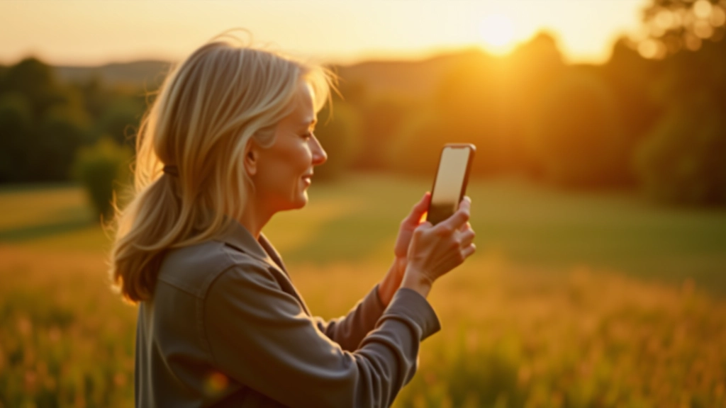 Senjorė fotografuoja peizažą su išmaniuoju telefonu gamtoje
