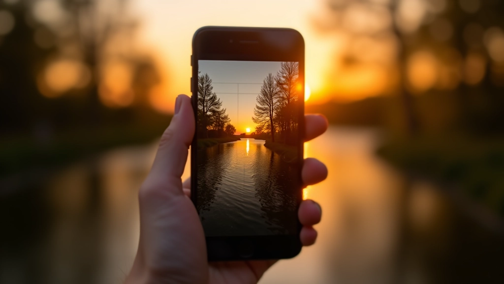 Fotografuoto peizažo vaizdo per telefoną su matomu trigubo tinklelio kompozicijos vadovu, saulėlydis fone